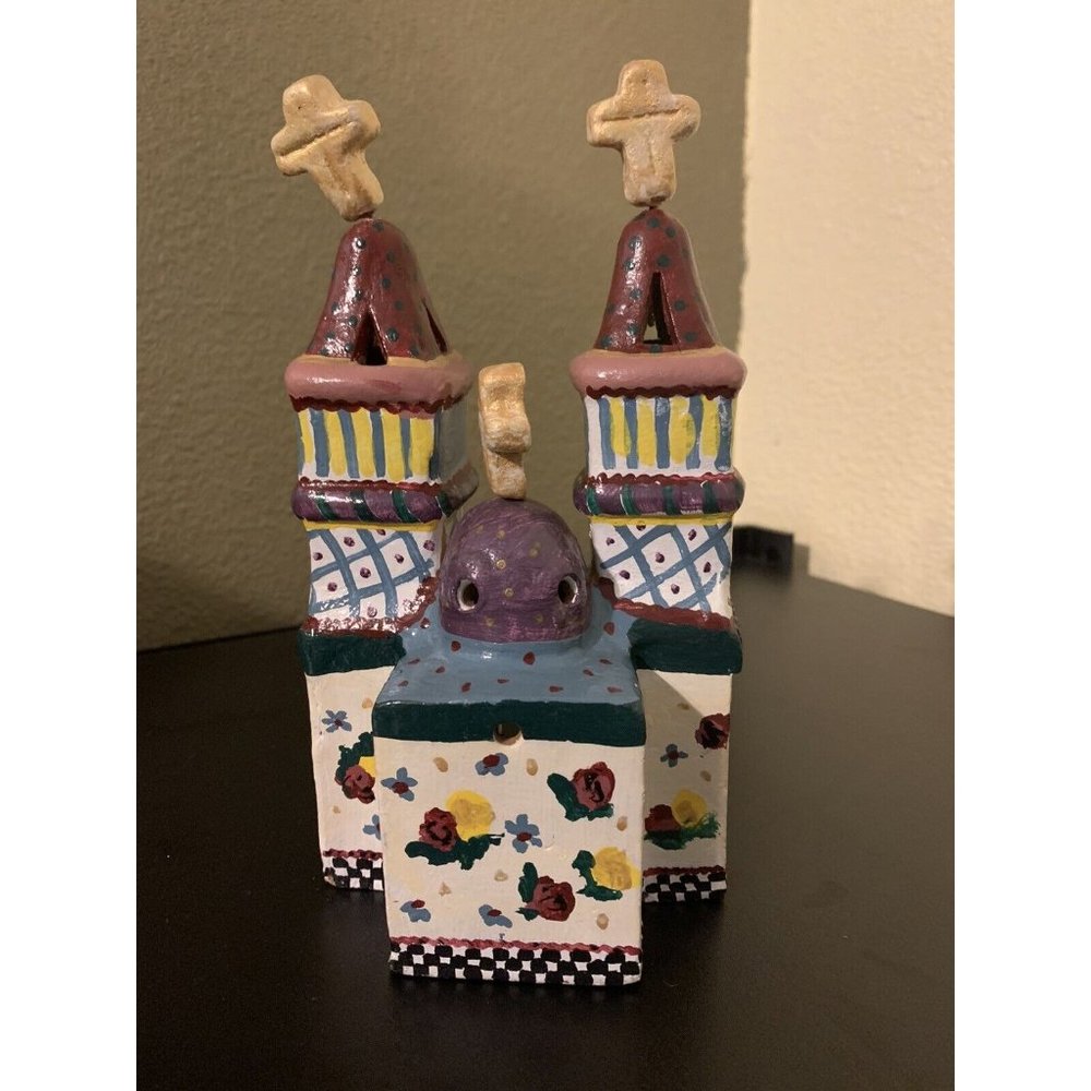 Mexican Folk Art Terra Cotta Pottery Church, Hand Painted, Signed